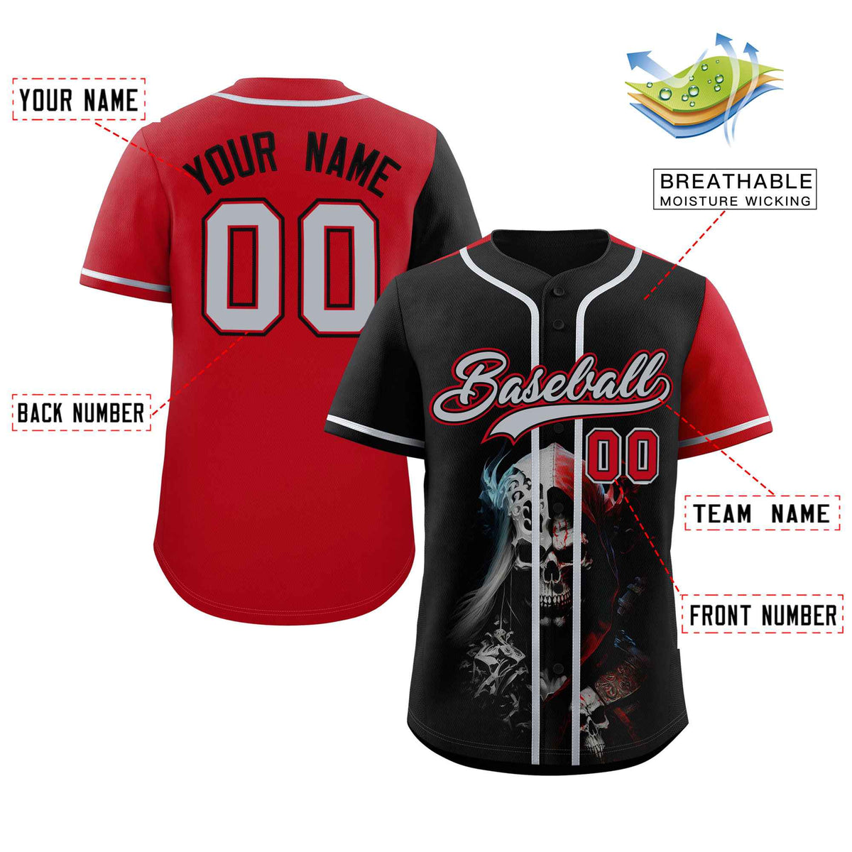 Custom Black Red Color Block Personalized Skull Pattern Authentic Baseball Jersey