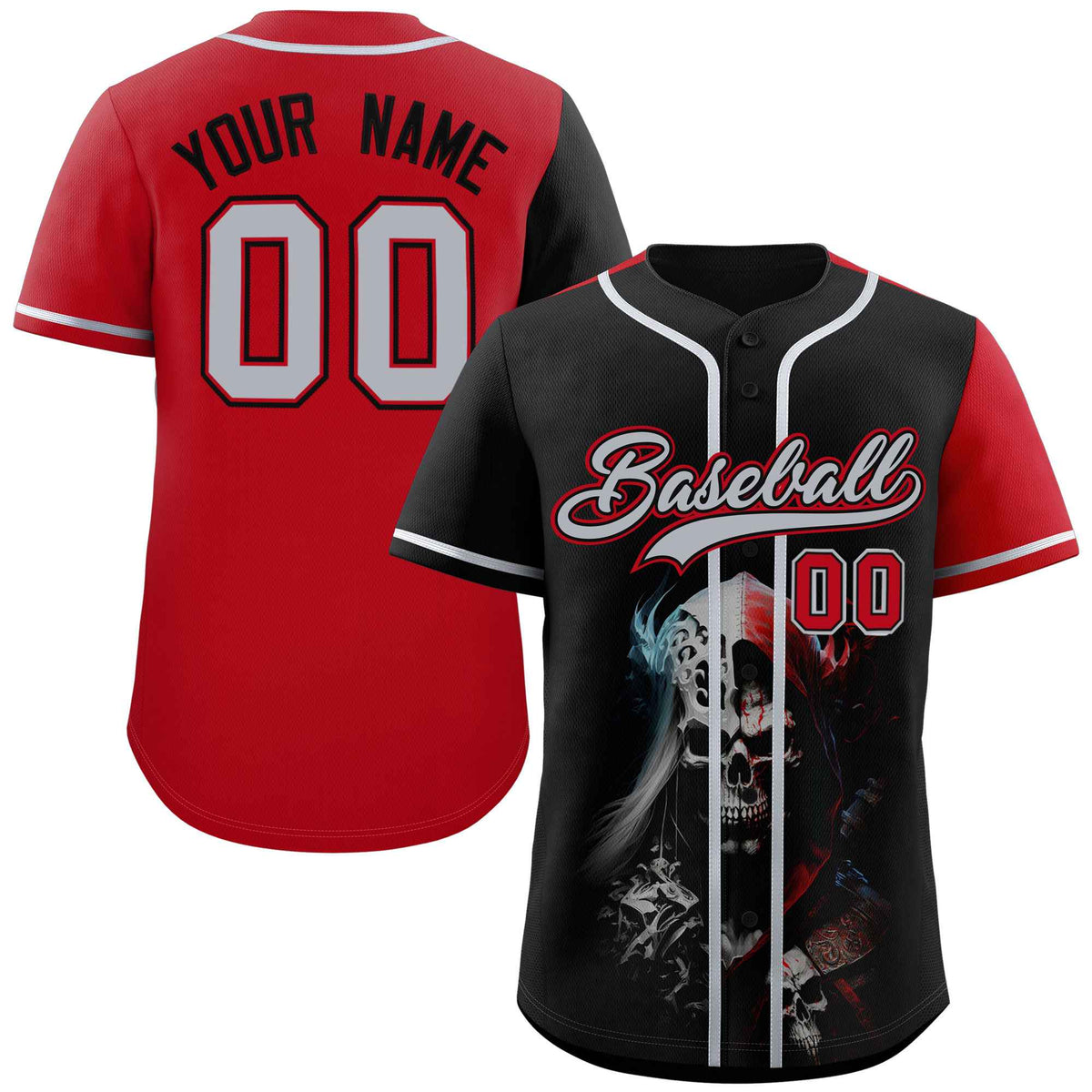 Custom Black Red Color Block Personalized Skull Pattern Authentic Baseball Jersey