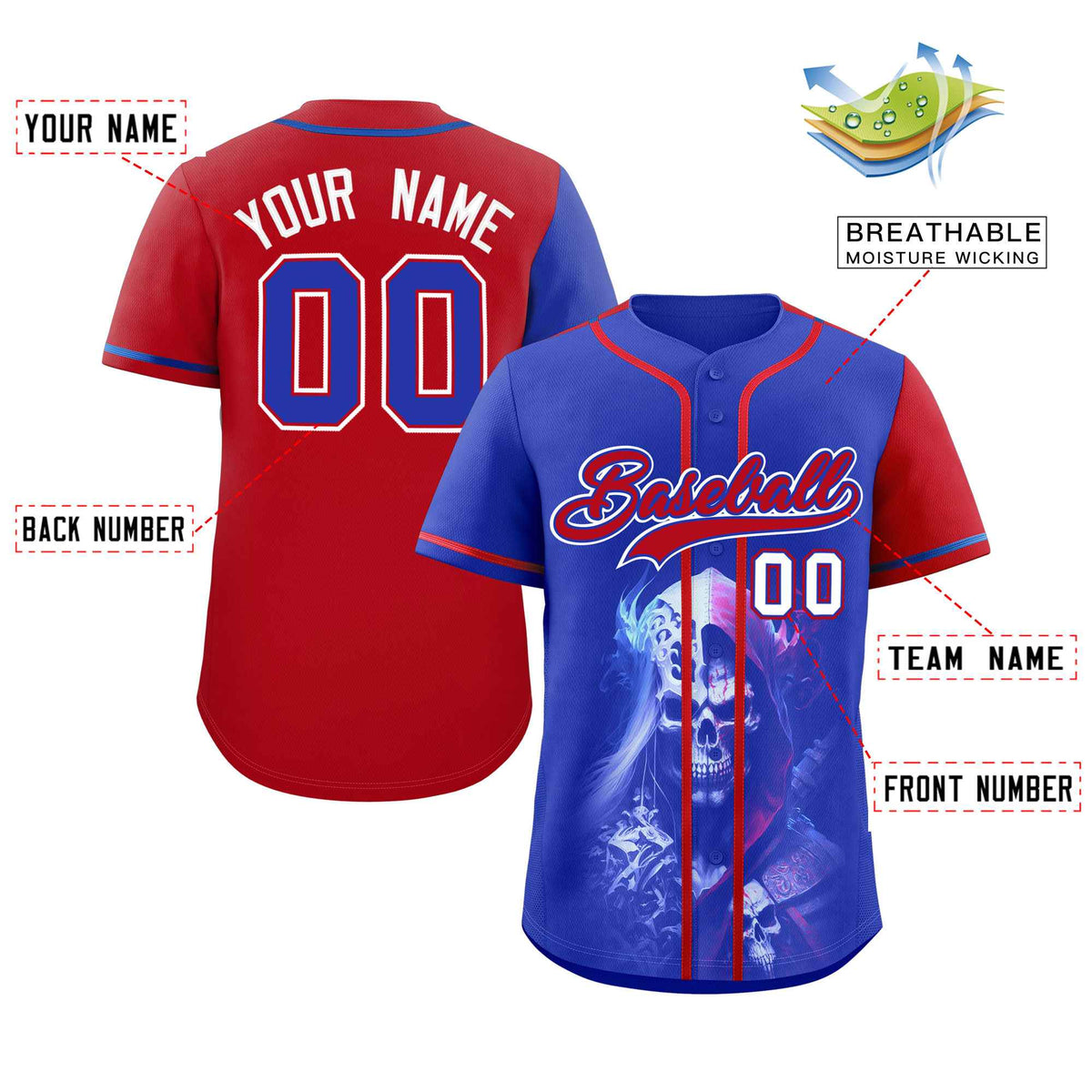 Custom Royal Red Color Block Personalized Skull Pattern Authentic Baseball Jersey