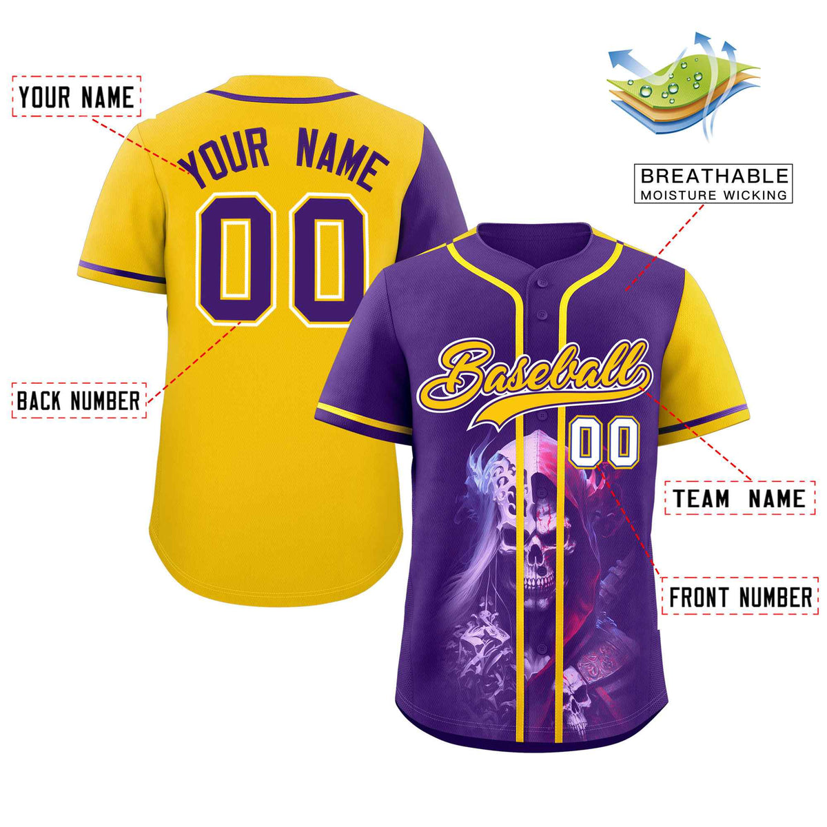Custom Purple Gold Color Block Personalized Skull Pattern Authentic Baseball Jersey