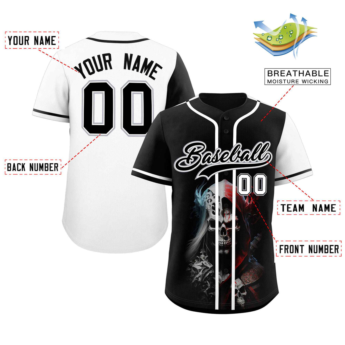 Custom Black White Color Block Personalized Skull Pattern Authentic Baseball Jersey