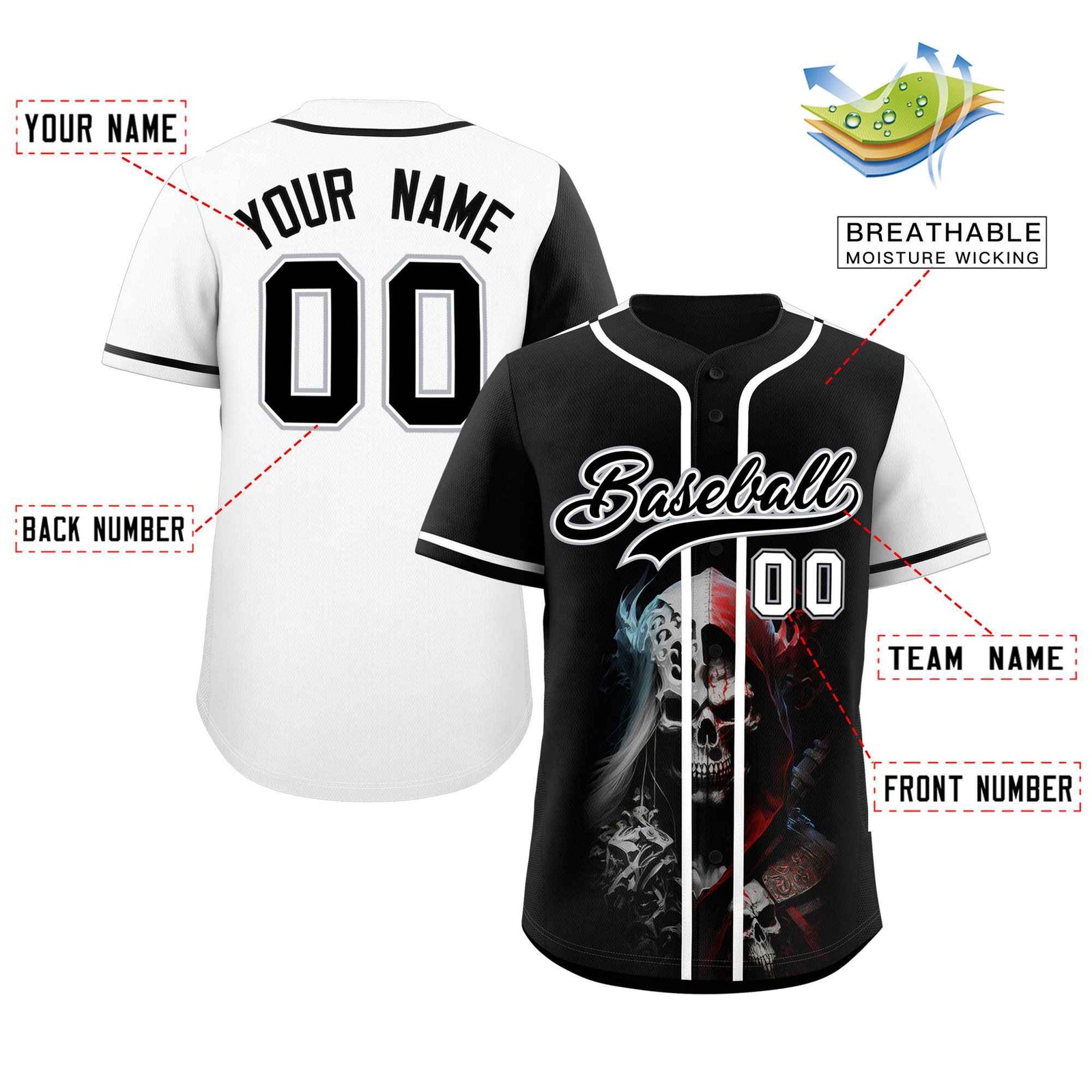 Custom Black White Color Block Personalized Skull Pattern Authentic Baseball Jersey