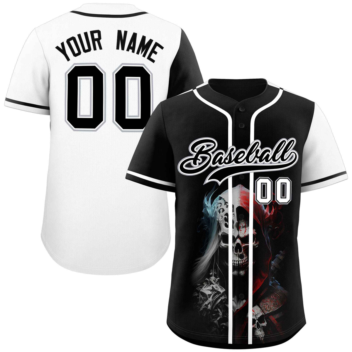 Custom Black White Color Block Personalized Skull Pattern Authentic Baseball Jersey