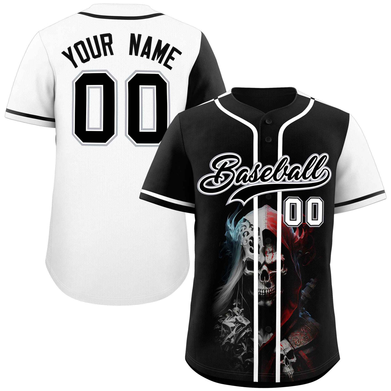 Custom Black White Color Block Personalized Skull Pattern Authentic Baseball Jersey