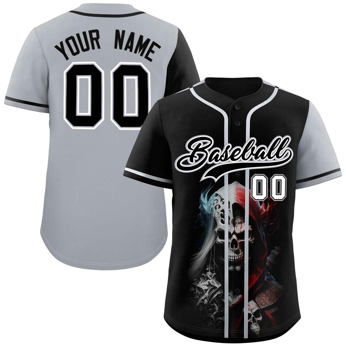 Custom Black Gray Color Block Personalized Skull Pattern Authentic Baseball Jersey