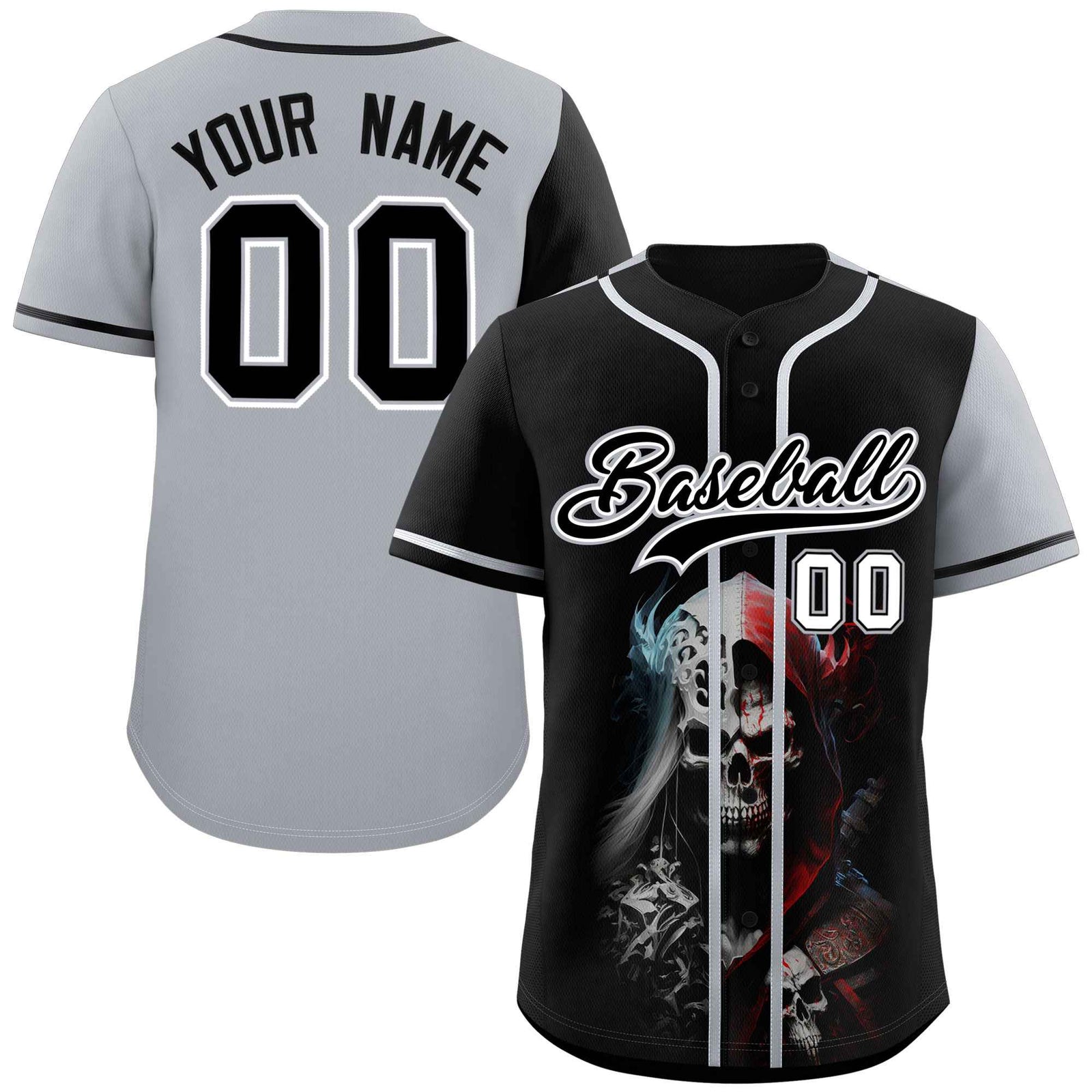 Custom Black Gray Color Block Personalized Skull Pattern Authentic Baseball Jersey
