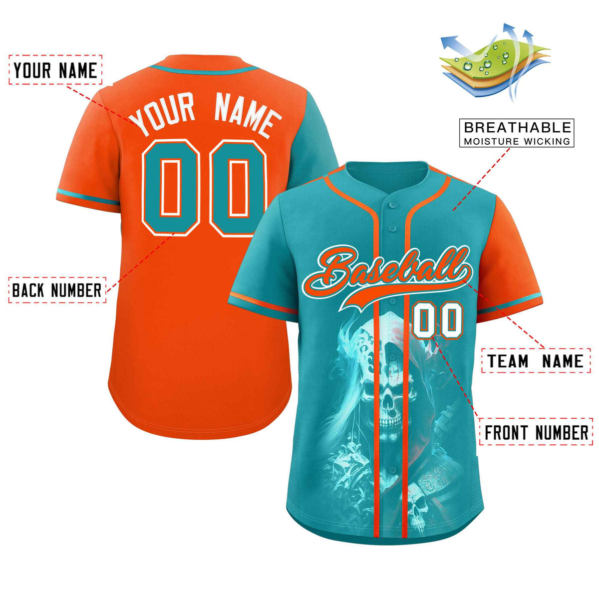 Custom Aqua Orange Color Block Personalized Skull Pattern Authentic Baseball Jersey