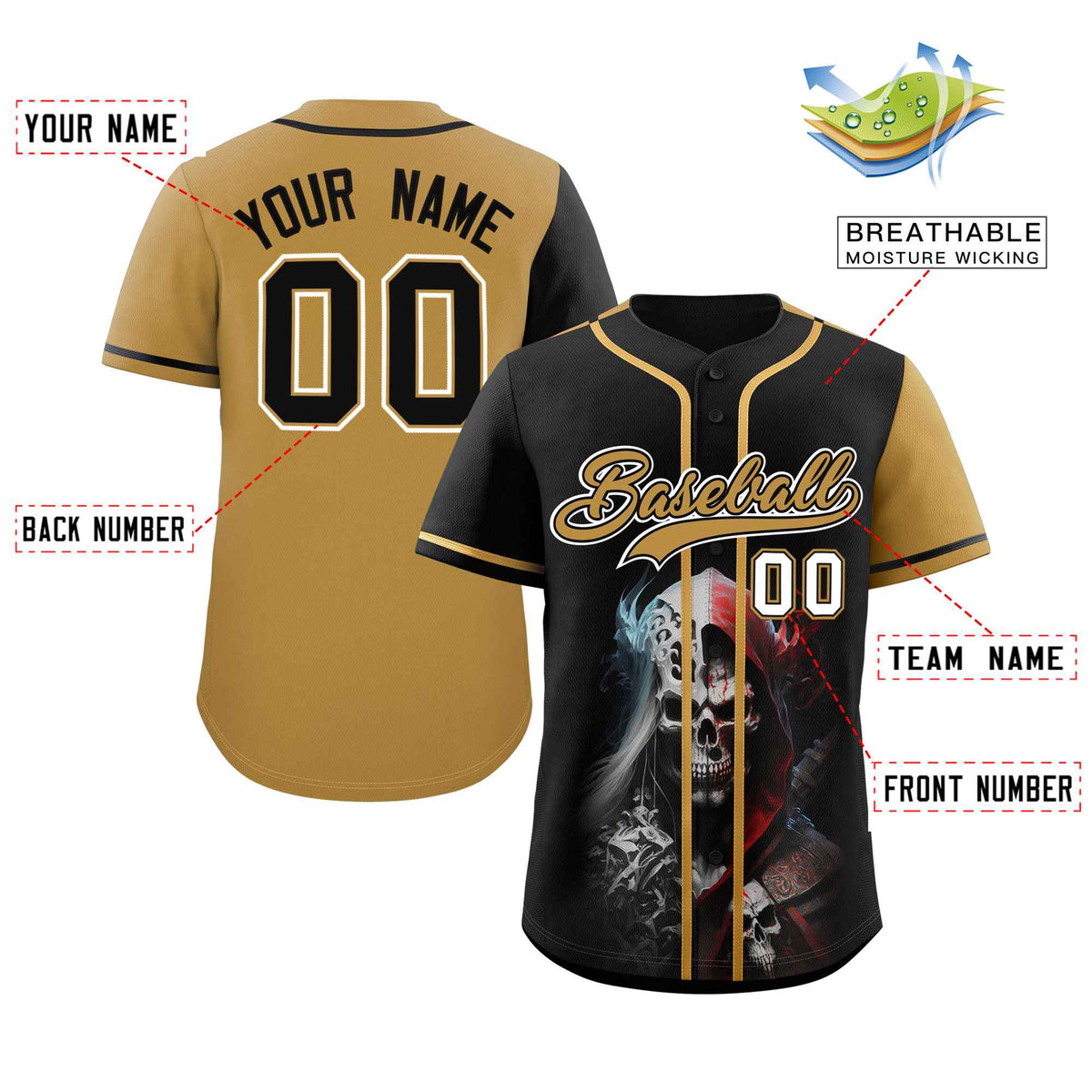 Custom Black Old Gold Color Block Personalized Skull Pattern Authentic Baseball Jersey