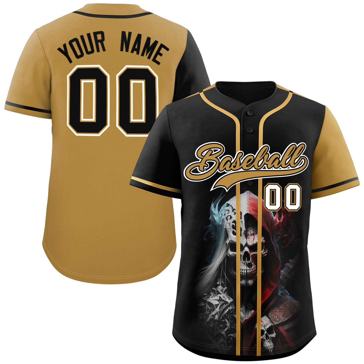 Custom Black Old Gold Color Block Personalized Skull Pattern Authentic Baseball Jersey