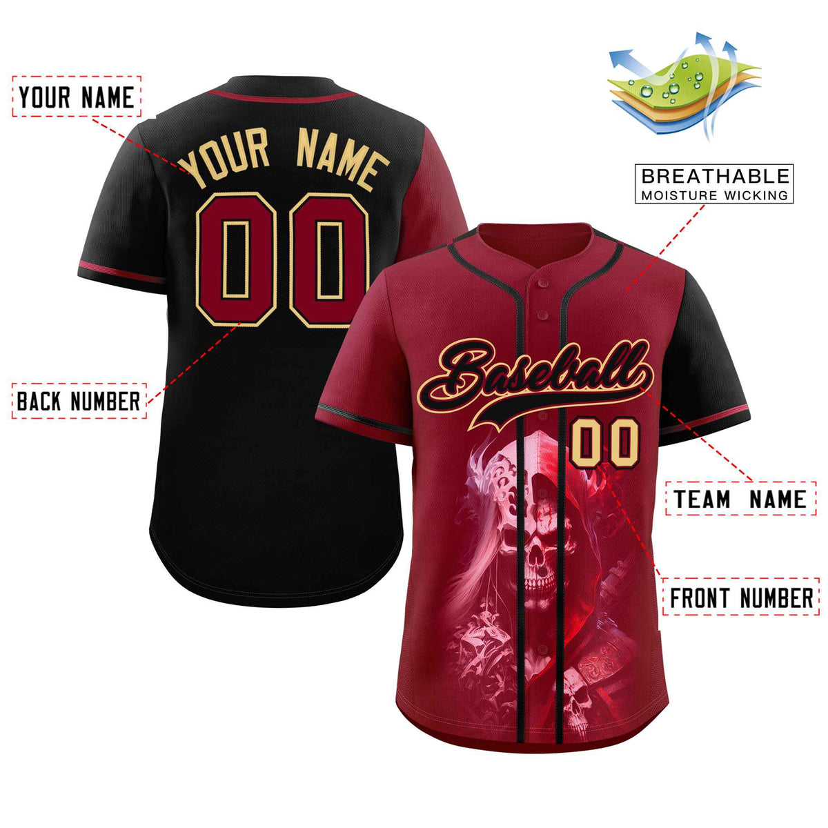 Custom Crimson Black Color Block Personalized Skull Pattern Authentic Baseball Jersey