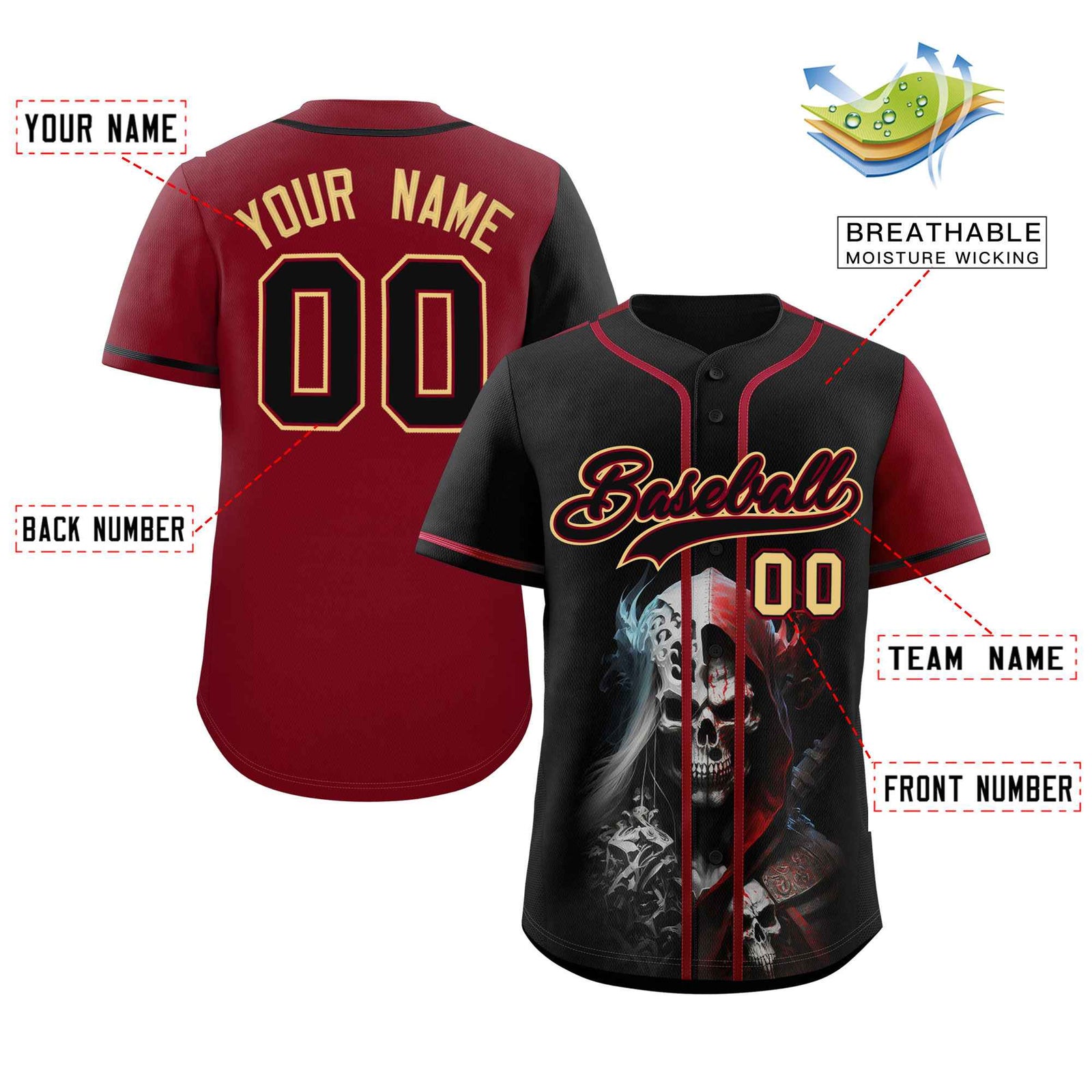 Custom Black Crimson Color Block Personalized Skull Pattern Authentic Baseball Jersey