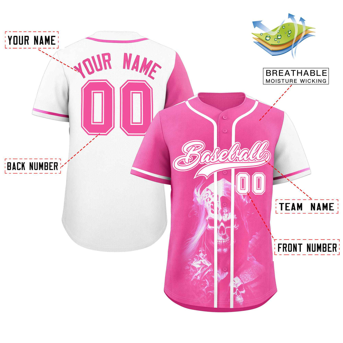 Custom Pink White Color Block Personalized Skull Pattern Authentic Baseball Jersey