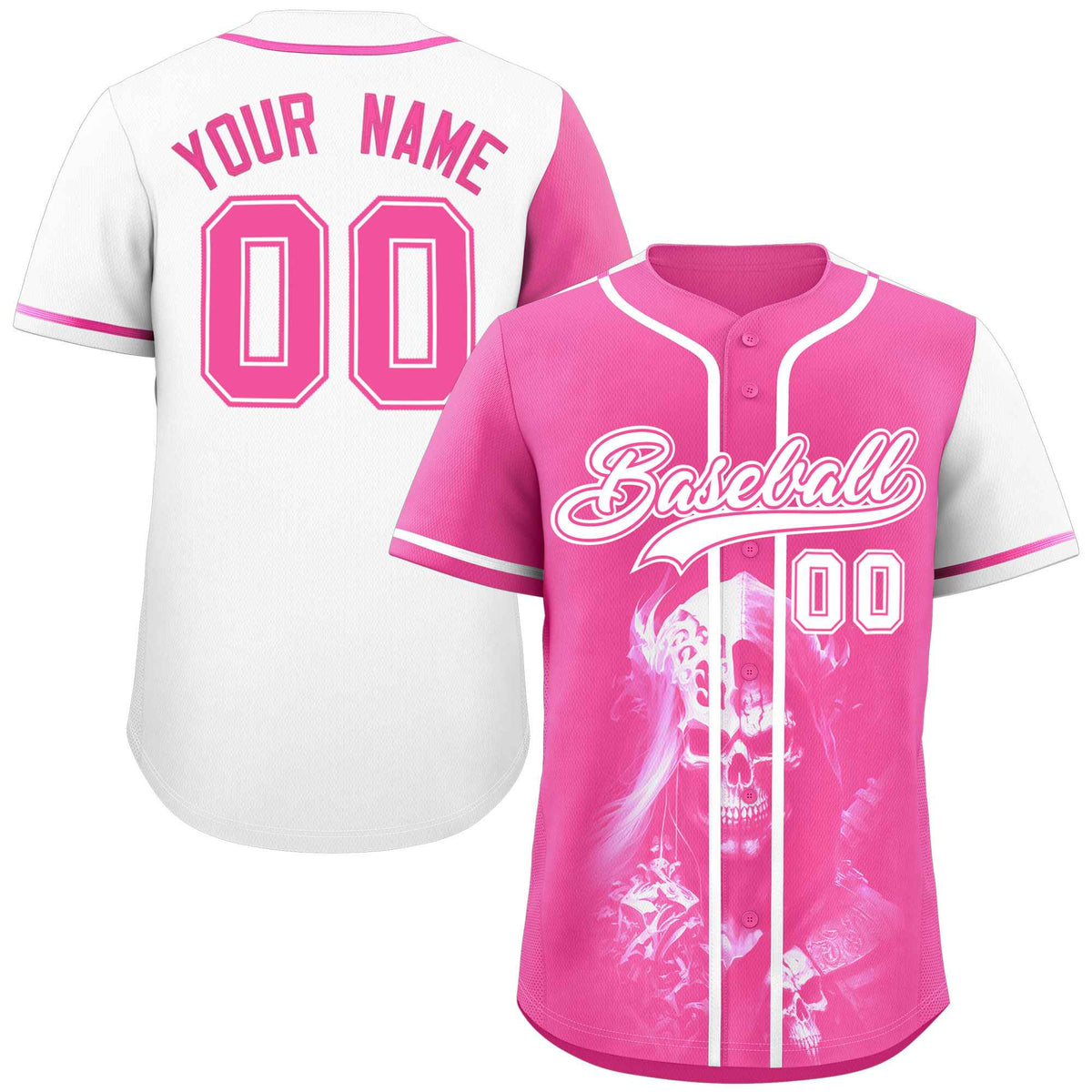 Custom Pink White Color Block Personalized Skull Pattern Authentic Baseball Jersey