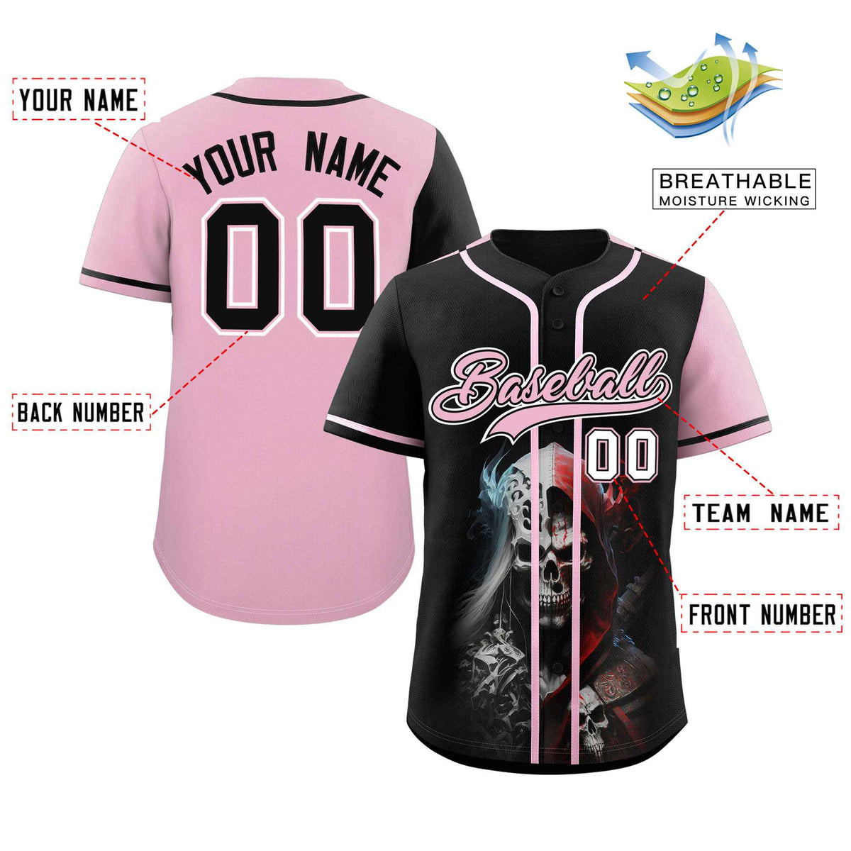 Custom Black Light Pink Color Block Personalized Skull Pattern Authentic Baseball Jersey