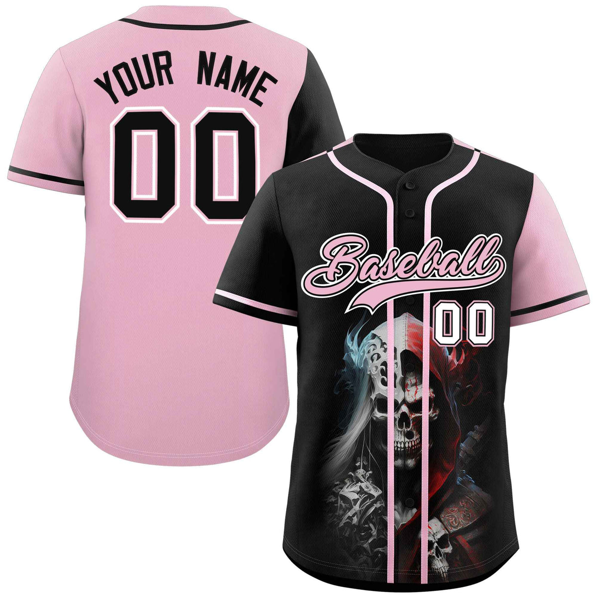 Custom Black Light Pink Color Block Personalized Skull Pattern Authentic Baseball Jersey