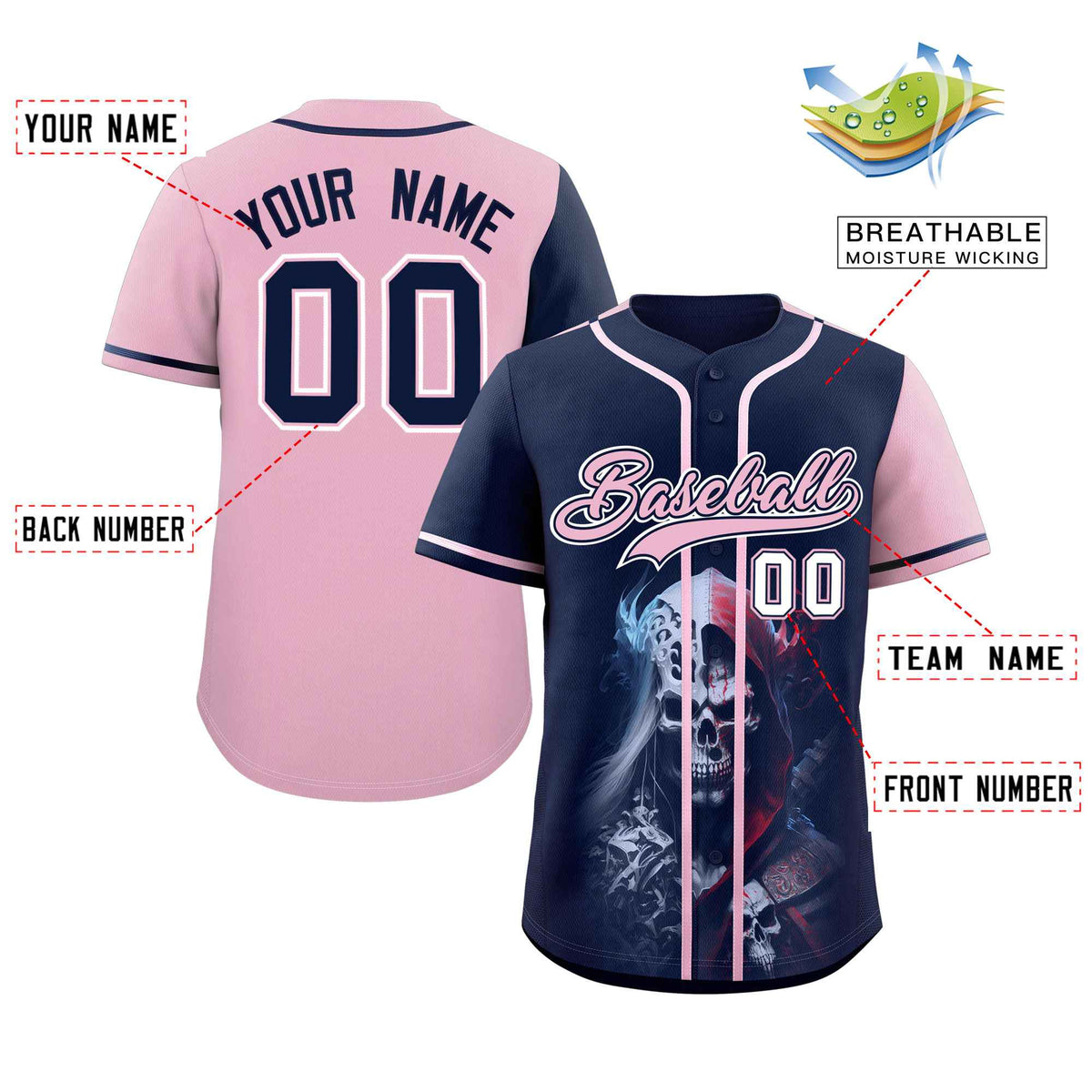 Custom Navy Light Pink Color Block Personalized Skull Pattern Authentic Baseball Jersey