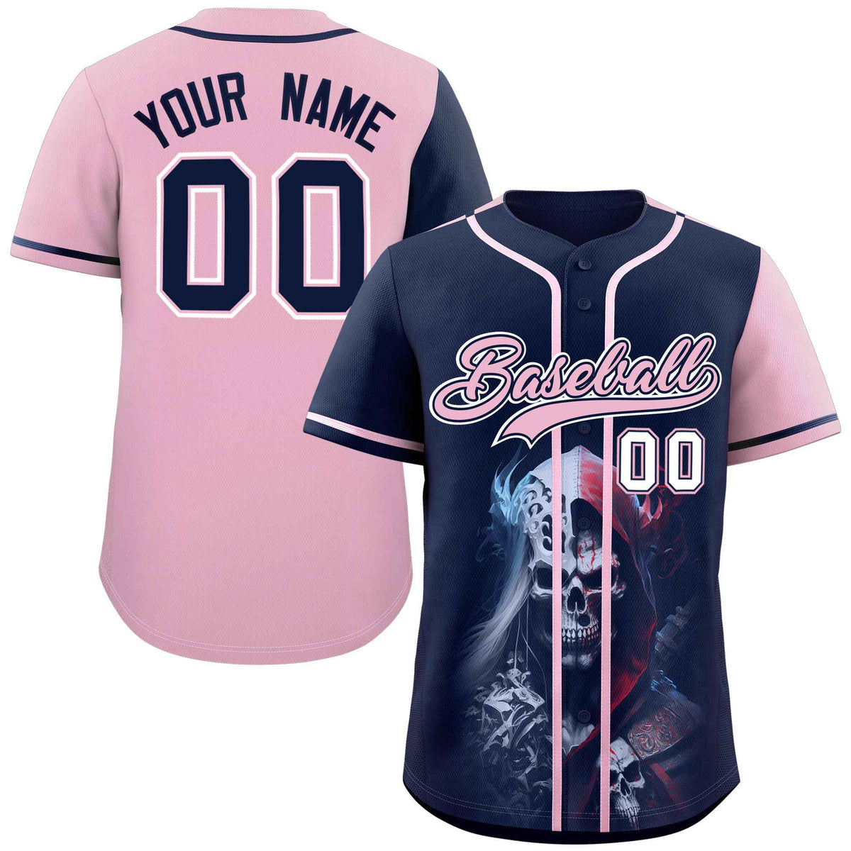 Custom Navy Light Pink Color Block Personalized Skull Pattern Authentic Baseball Jersey