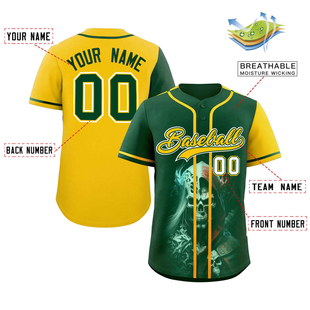 Custom Green Gold Color Block Personalized Skull Pattern Authentic Baseball Jersey