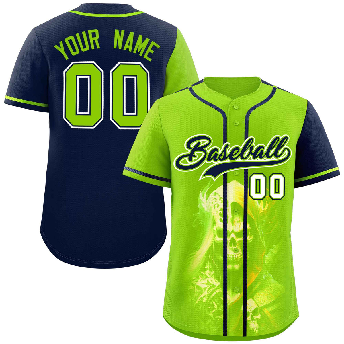 Custom Neon Green Navy Color Block Personalized Skull Pattern Authentic Baseball Jersey