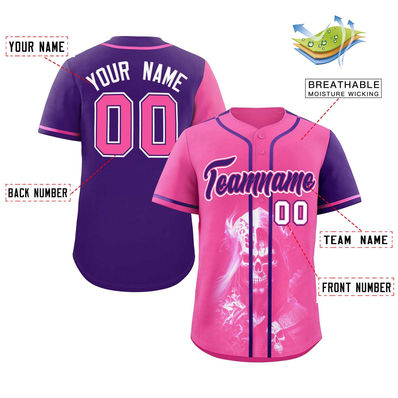 Custom Pink Purple Color Block Personalized Skull Pattern Authentic Baseball Jersey