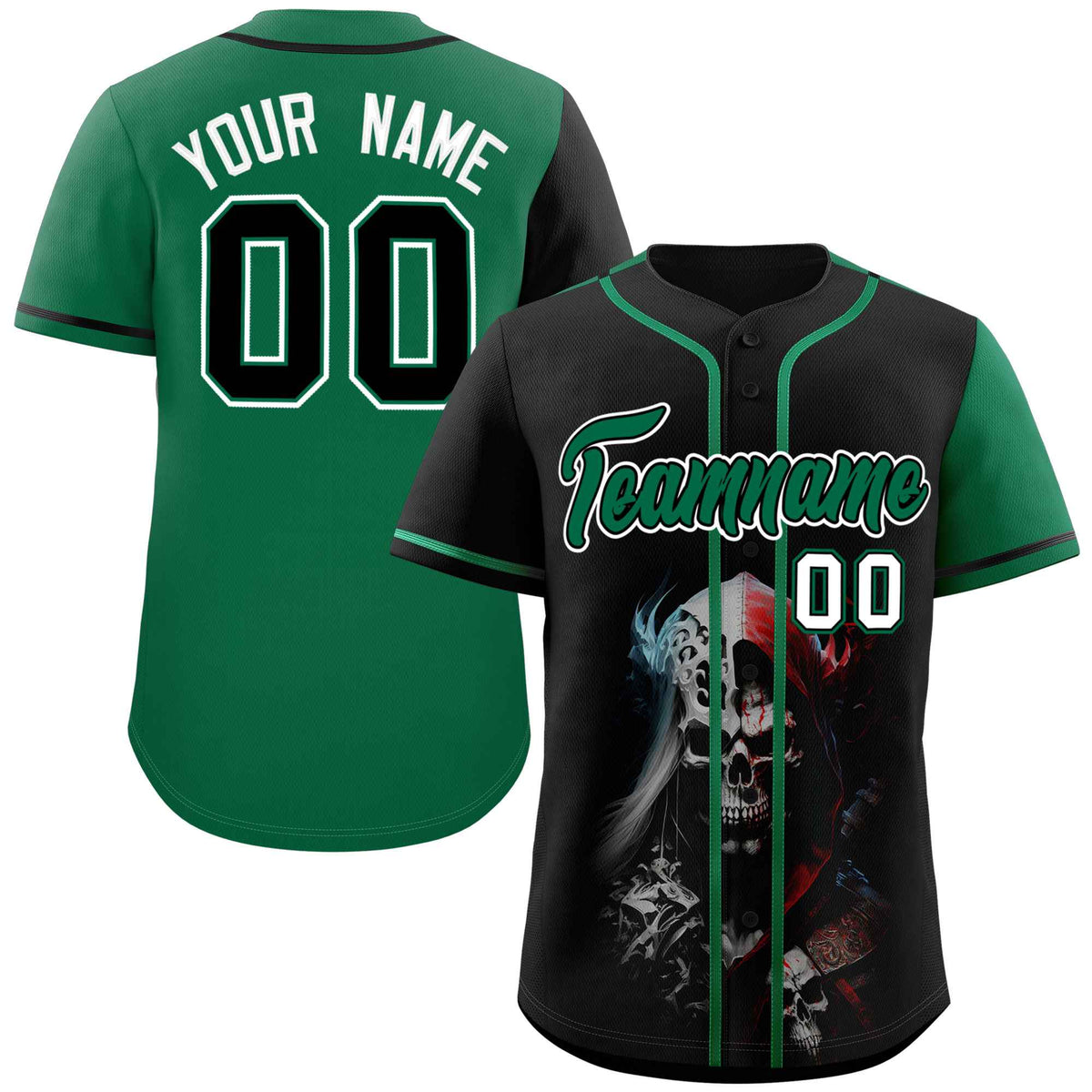 Custom Black Kelly Green Color Block Personalized Skull Pattern Authentic Baseball Jersey