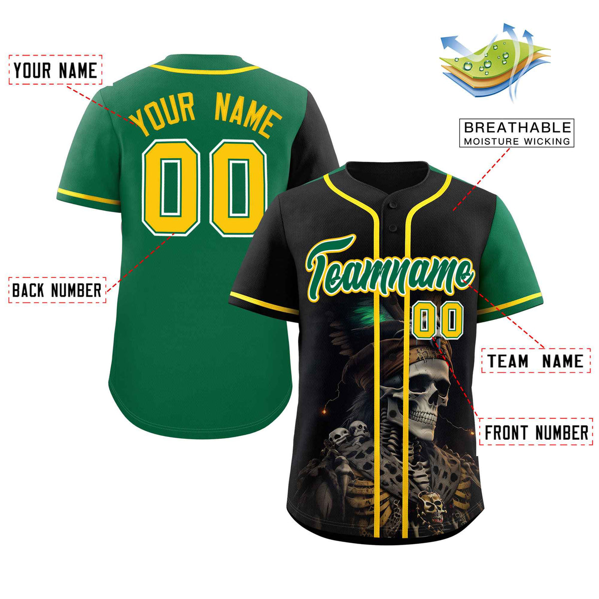 Custom Black Kelly Green Color Block Personalized Skull Pattern Authentic Baseball Jersey