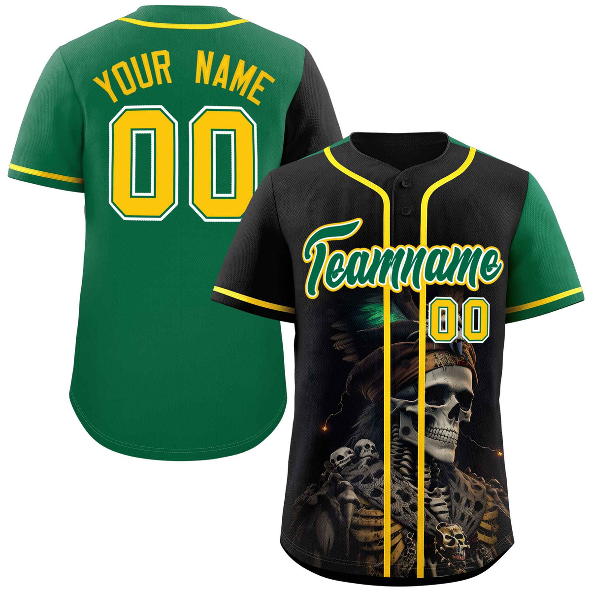 Custom Black Kelly Green Color Block Personalized Skull Pattern Authentic Baseball Jersey