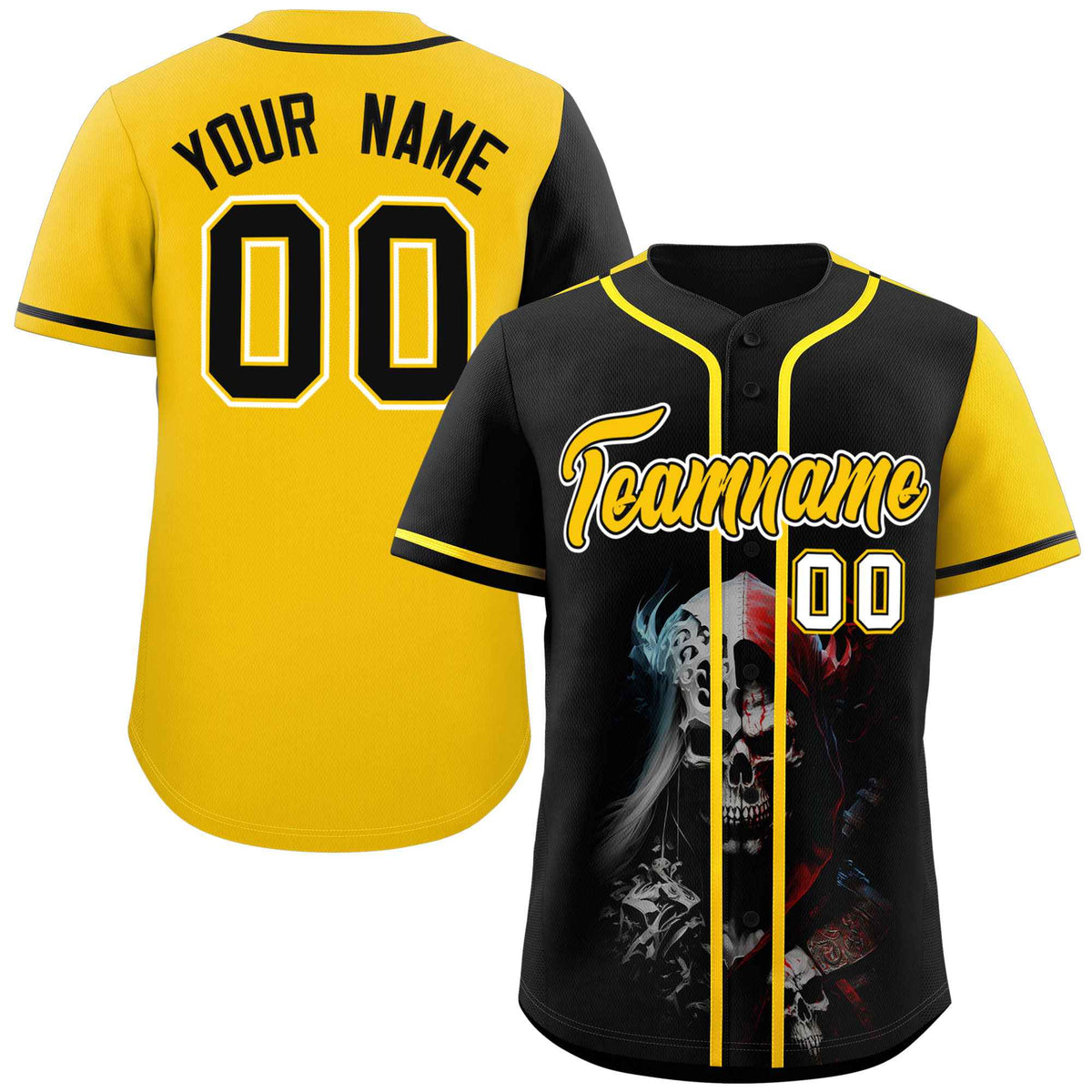Custom Black Gold Color Block Personalized Skull Pattern Authentic Baseball Jersey