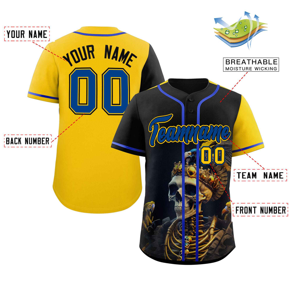 Custom Black Gold Color Block Personalized Skull Pattern Authentic Baseball Jersey