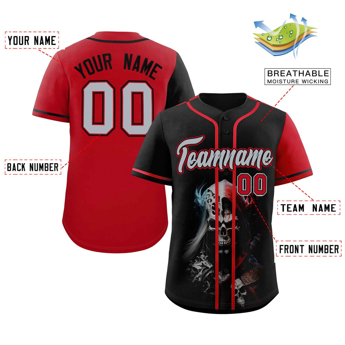 Custom Black Red Color Block Personalized Skull Pattern Authentic Baseball Jersey