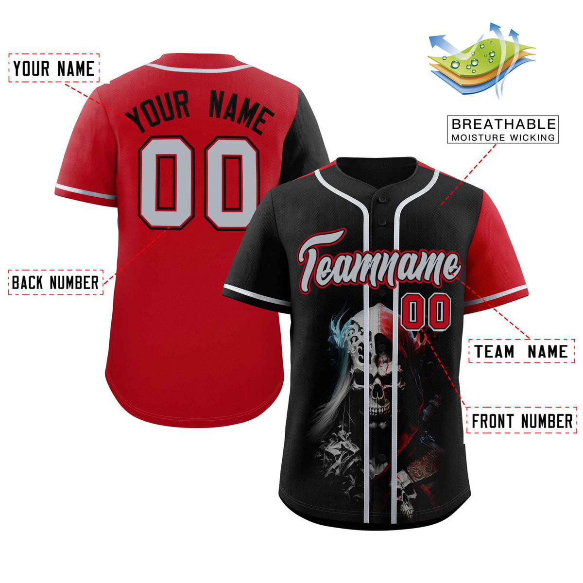 Custom Black Red Color Block Personalized Skull Pattern Authentic Baseball Jersey