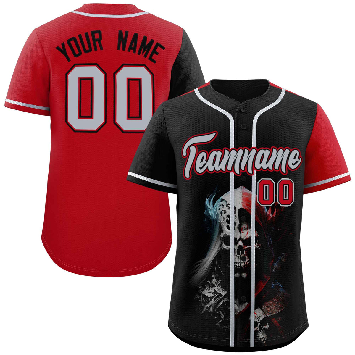 Custom Black Red Color Block Personalized Skull Pattern Authentic Baseball Jersey