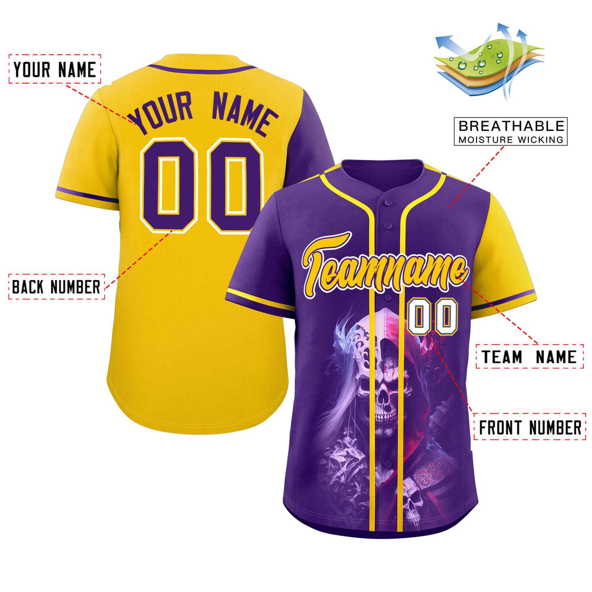 Custom Purple Gold Color Block Personalized Skull Pattern Authentic Baseball Jersey