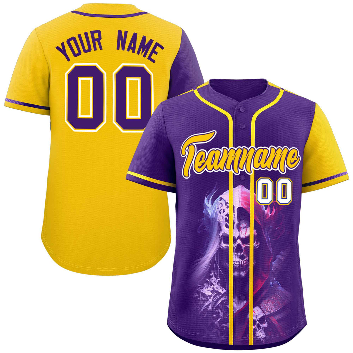 Custom Purple Gold Color Block Personalized Skull Pattern Authentic Baseball Jersey