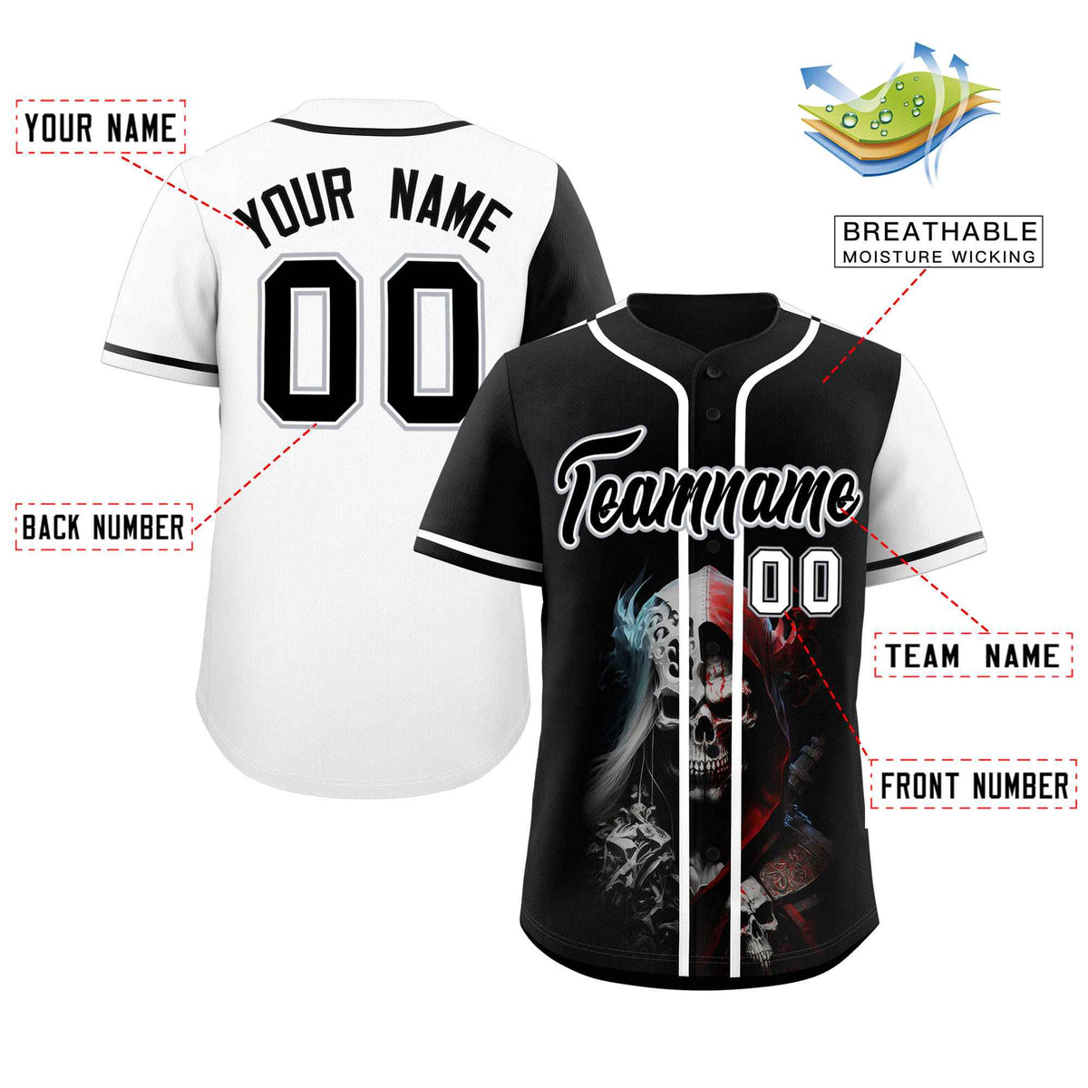 Custom Black White Color Block Personalized Skull Pattern Authentic Baseball Jersey