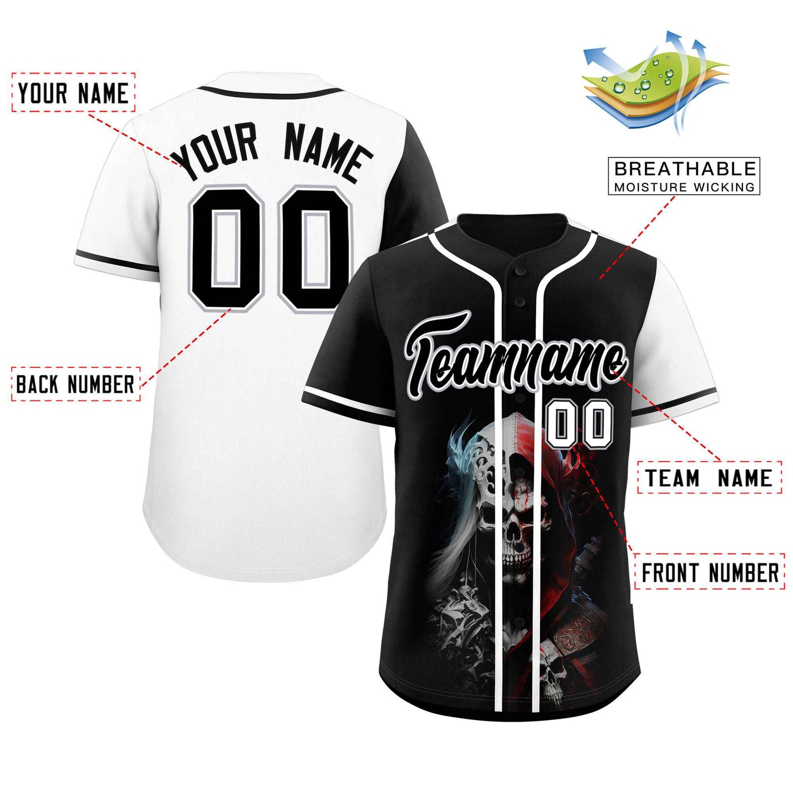 Custom Black White Color Block Personalized Skull Pattern Authentic Baseball Jersey