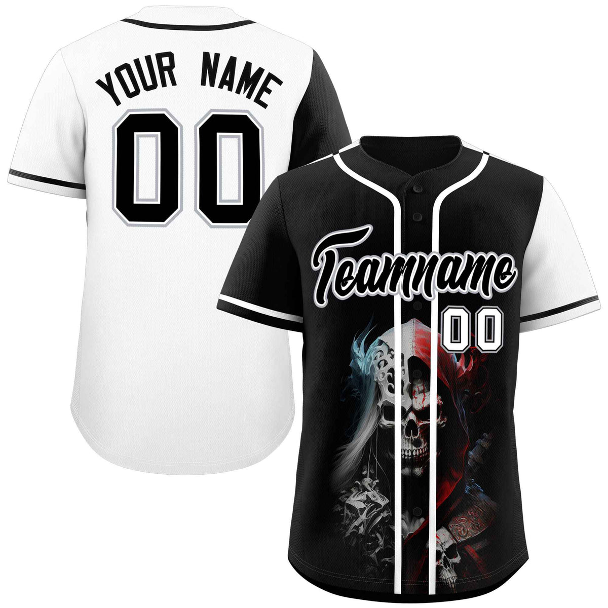 Custom Black White Color Block Personalized Skull Pattern Authentic Baseball Jersey
