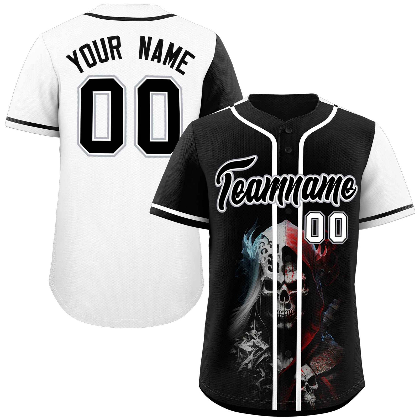Custom Black White Color Block Personalized Skull Pattern Authentic Baseball Jersey