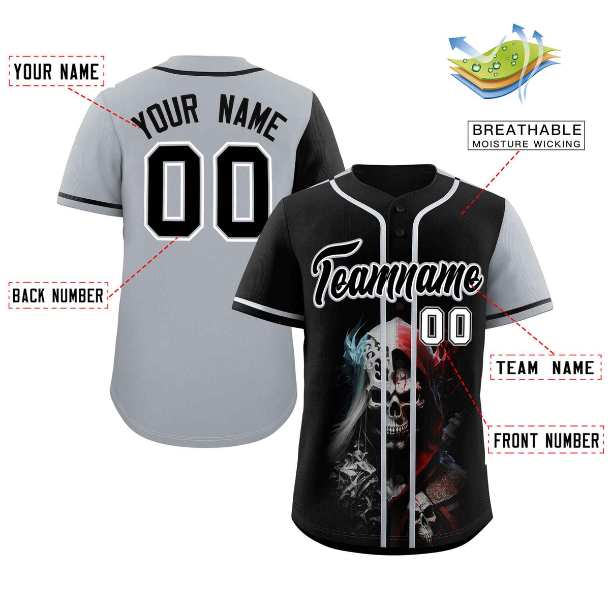 Custom Black Gray Color Block Personalized Skull Pattern Authentic Baseball Jersey