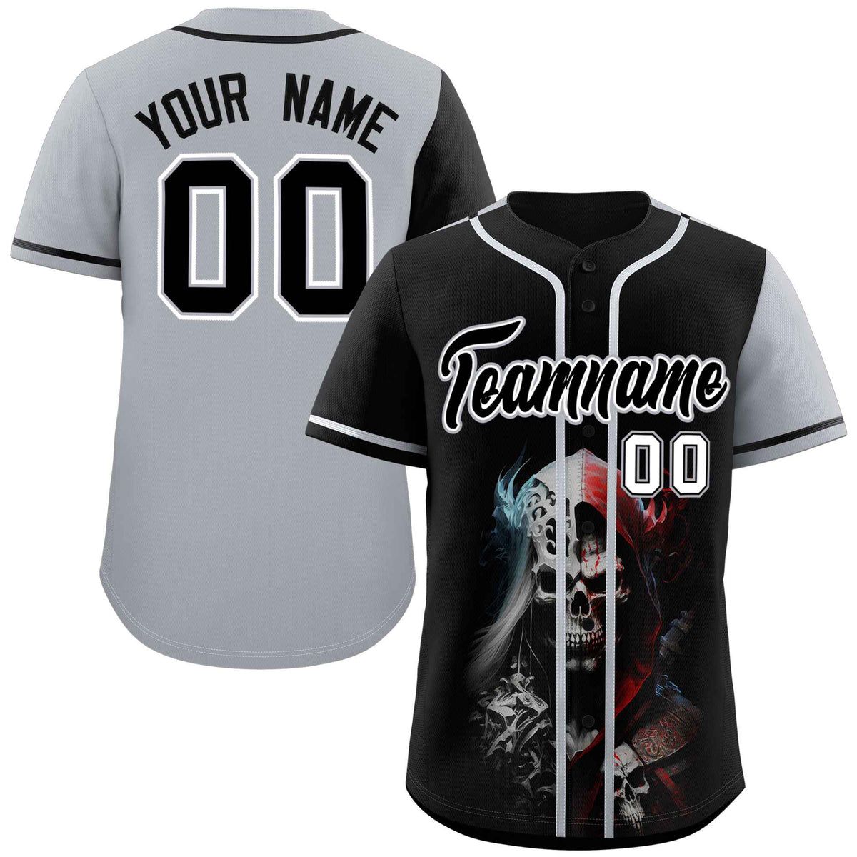 Custom Black Gray Color Block Personalized Skull Pattern Authentic Baseball Jersey