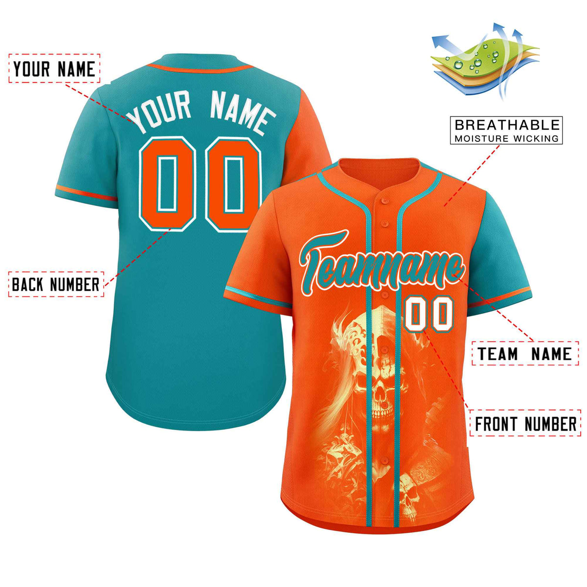 Custom Orange Aqua Color Block Personalized Skull Pattern Authentic Baseball Jersey