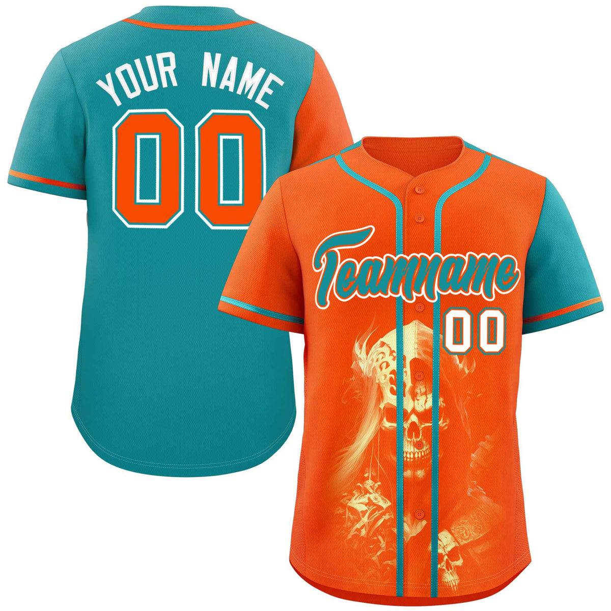 Custom Orange Aqua Color Block Personalized Skull Pattern Authentic Baseball Jersey