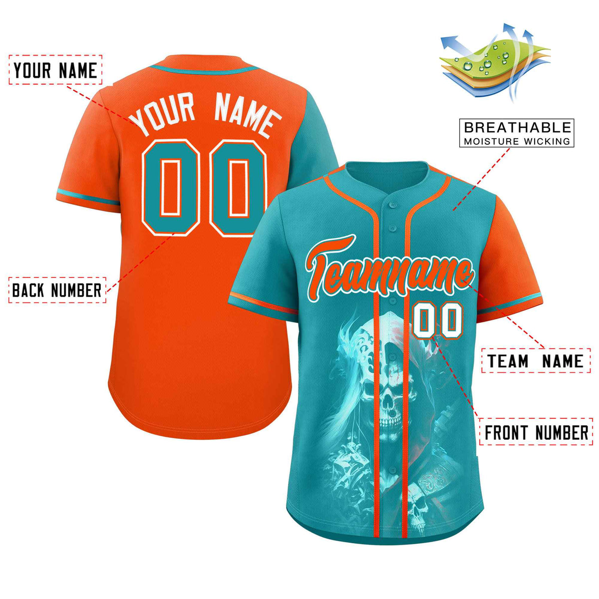 Custom Aqua Orange Color Block Personalized Skull Pattern Authentic Baseball Jersey