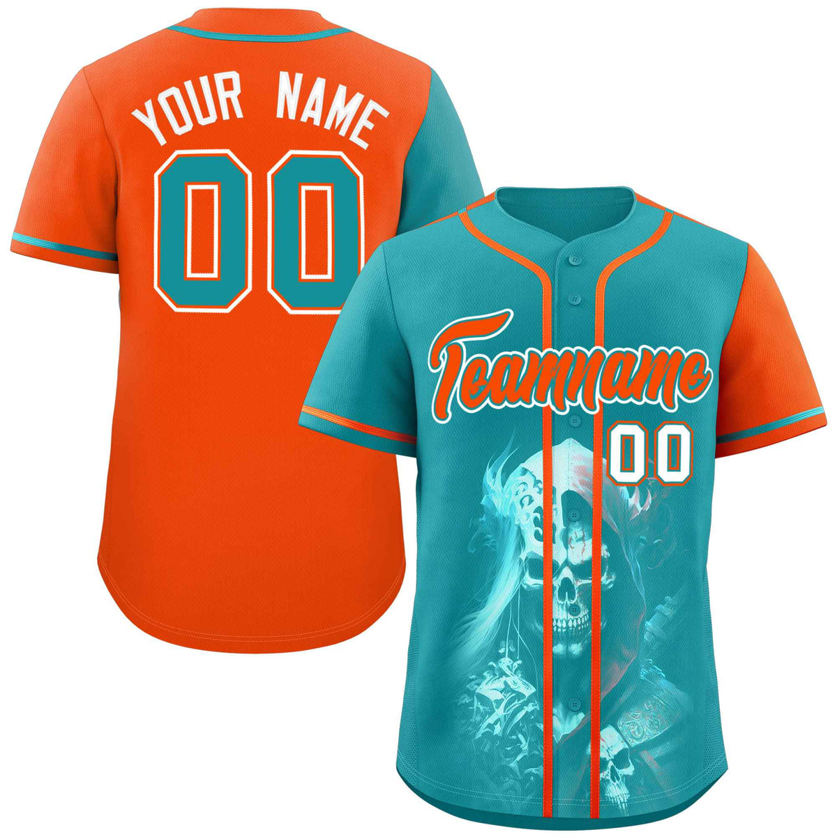 Custom Aqua Orange Color Block Personalized Skull Pattern Authentic Baseball Jersey