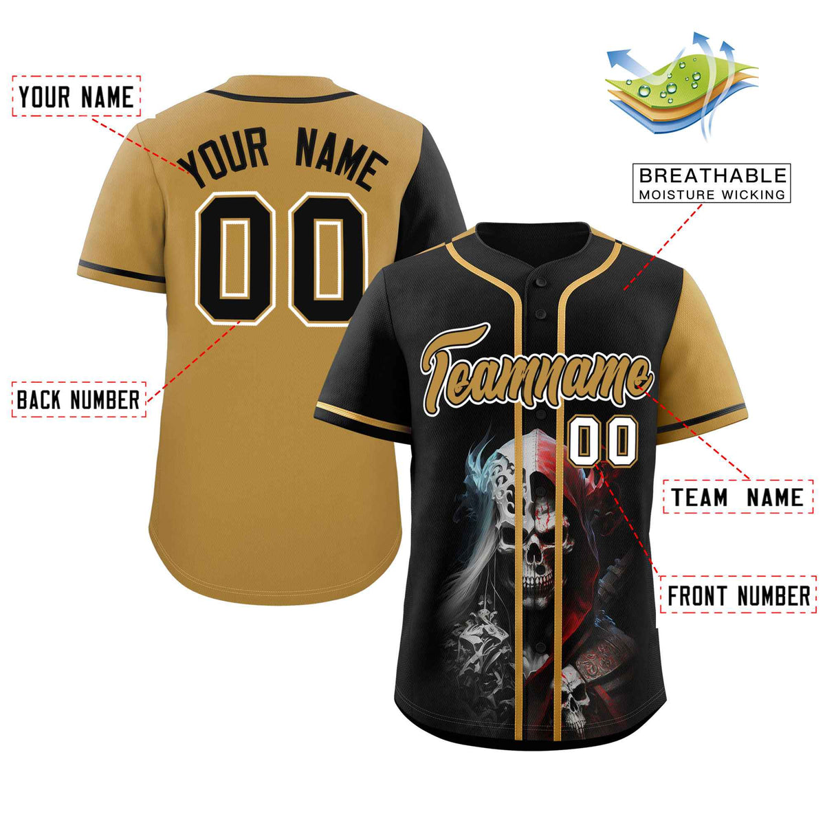 Custom Black Old Gold Color Block Personalized Skull Pattern Authentic Baseball Jersey
