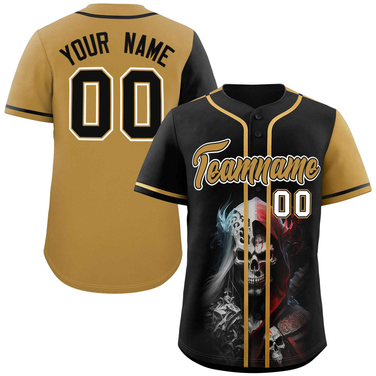 Custom Black Old Gold Color Block Personalized Skull Pattern Authentic Baseball Jersey