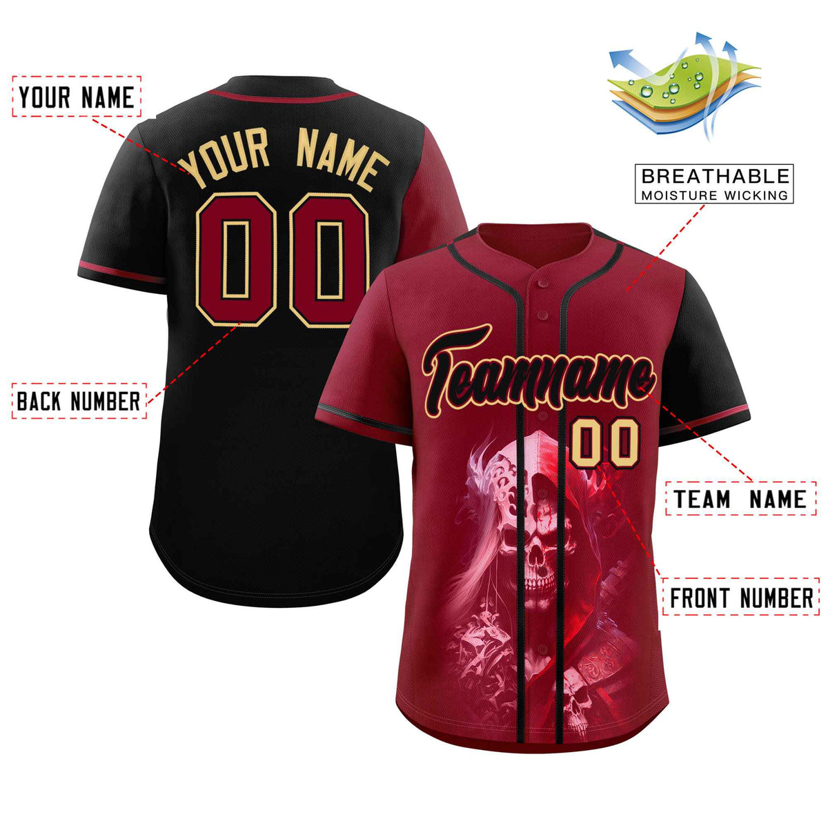 Custom Crimson Black Color Block Personalized Skull Pattern Authentic Baseball Jersey