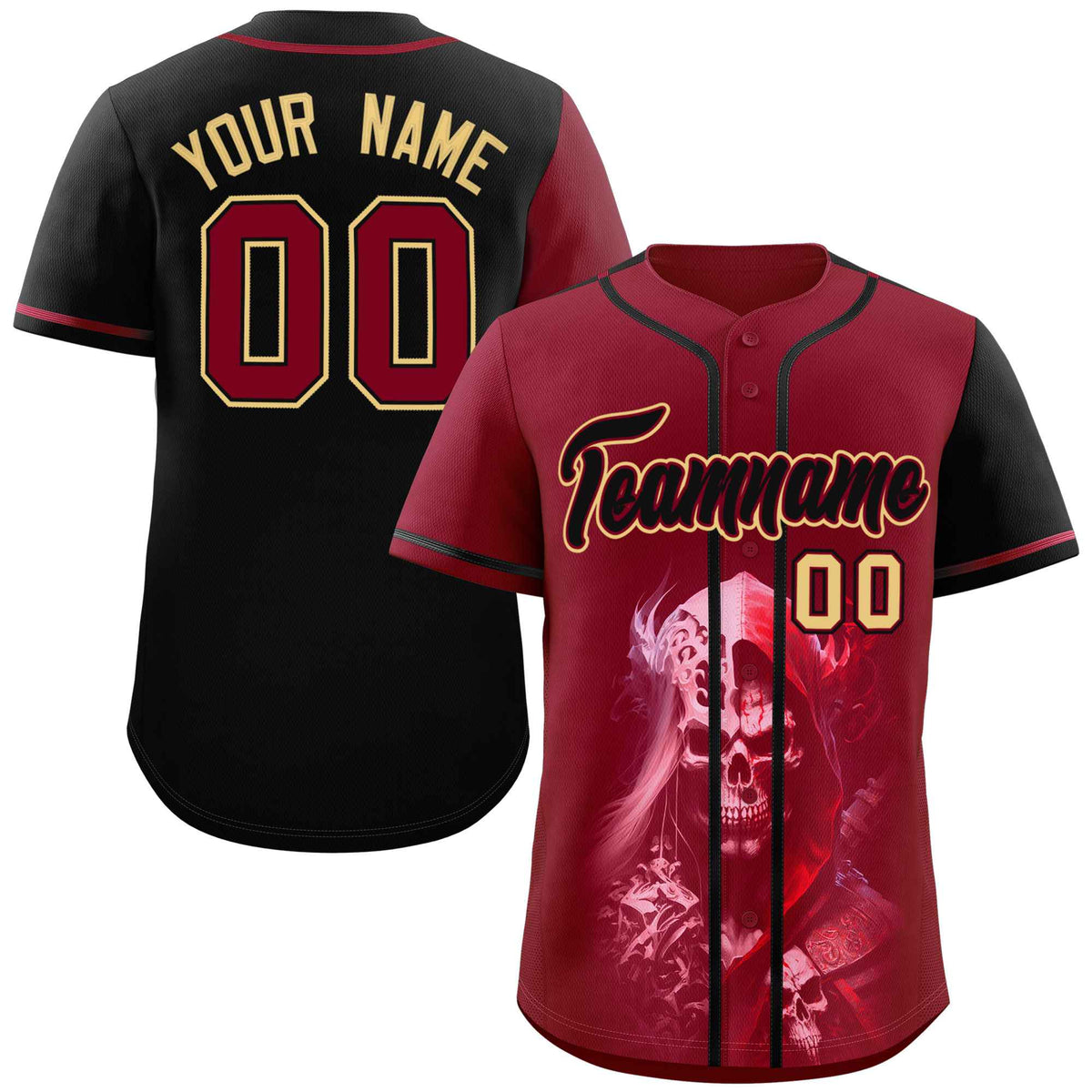 Custom Crimson Black Color Block Personalized Skull Pattern Authentic Baseball Jersey