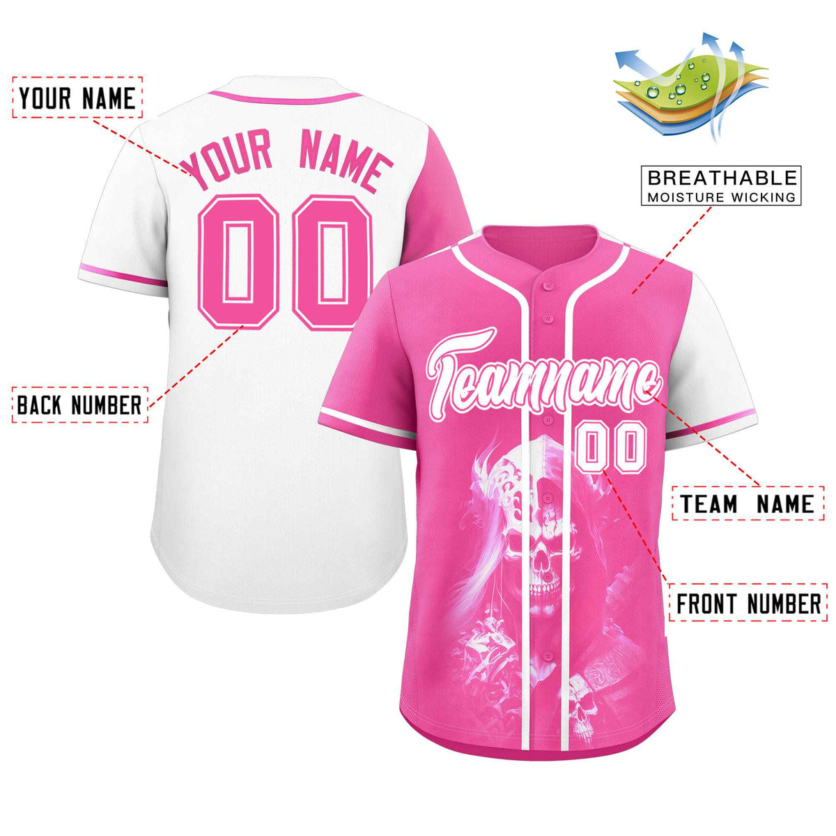 Custom Pink White Color Block Personalized Skull Pattern Authentic Baseball Jersey