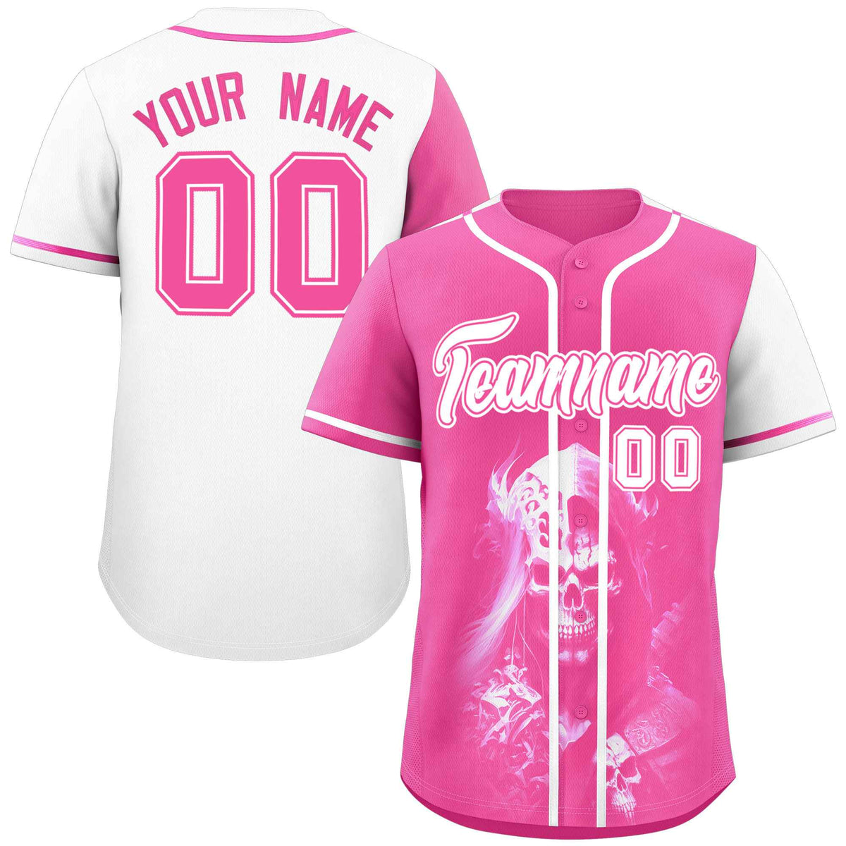 Custom Pink White Color Block Personalized Skull Pattern Authentic Baseball Jersey